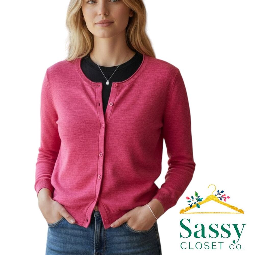 ✨ LOFT Pink Cotton Cardigan MP 3/4 Sleeve Lightweight Knit Petite 🌸